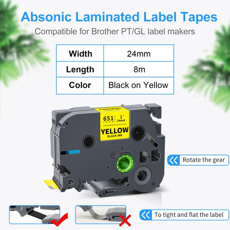 Absonic 24mm Yellow Tze Label Tape Compatible for Brother TZe-651 Tze651 0.94" Black on Yellow Tz Laminated Tape for Ptouch Label Maker PTD610BT PTD600 PTP750W PTP710BT E550WVP 2730VP 2430PC, 3 Pack - Image 2